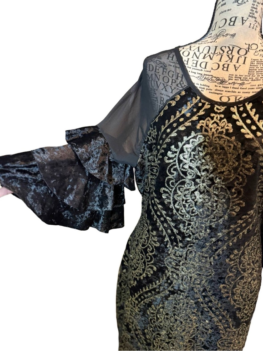 VENUS Gold Sequin Black Velvet Midi Dress Sheer Ruffle Sleeve Side Slit - L - Picture 5 of 15